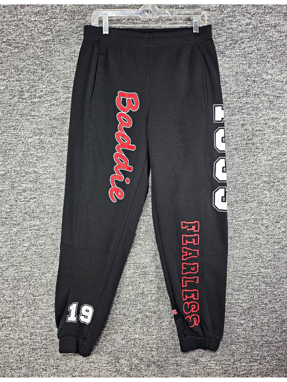 New Look Men's Jogger Sweatpants Black Fleece Graphic Print Elastic Waist L